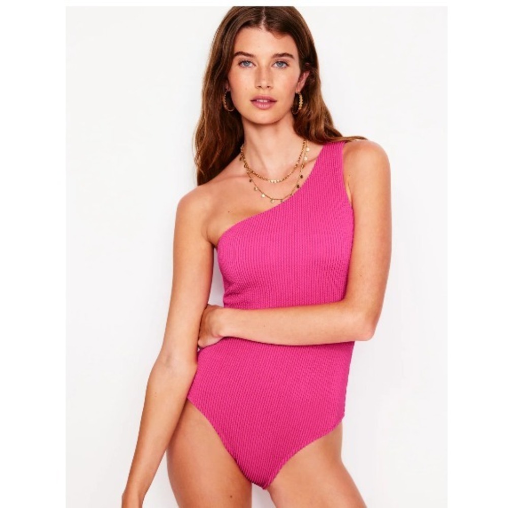 NWOT Boden Pink Ribbed One Shoulder One Piece Swimsuit Size 16-18 0400 $155
